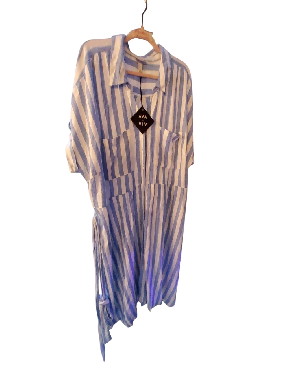 Ava & Viv Blue and White Striped Midi Shirt Dress with Tie Waist - Picture 2 of 7